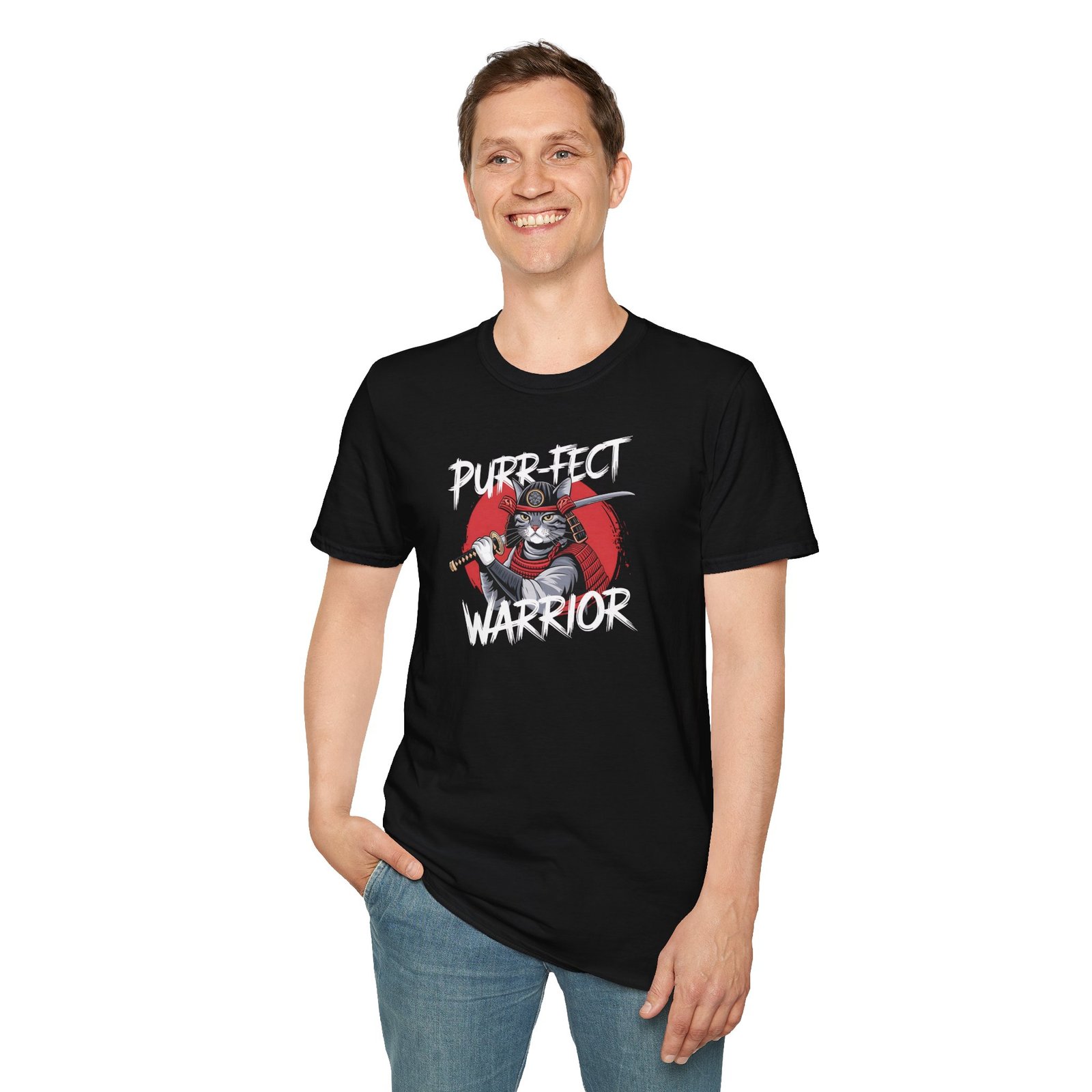 Purr-fect Warrior Unisex Softstyle T-Shirt - Tricou Amuzant cu Pisică Ninja pentru Iubitorii de Pisici - Image 5